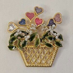 Gold Tone Basket of Flowers Brooch Multicolor Enameled Hearts Leaves Unmarked